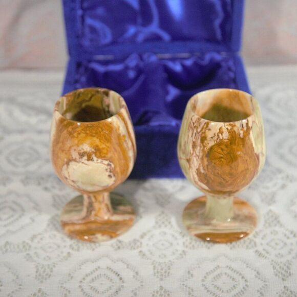 Marble Goblets Set of Two with Blue Velvet and Silky Storage Case - Picture 3 of 5